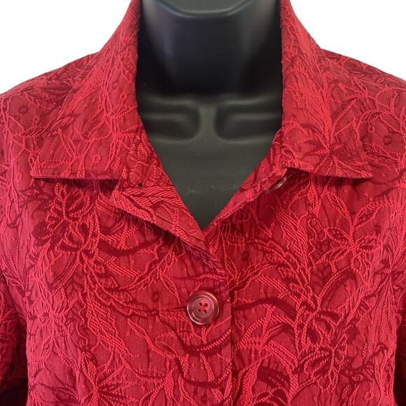 Coldwater Creek Reds Embroidered Floral Detail Comfort Stretch Button Blazer M - Picture 6 of 10